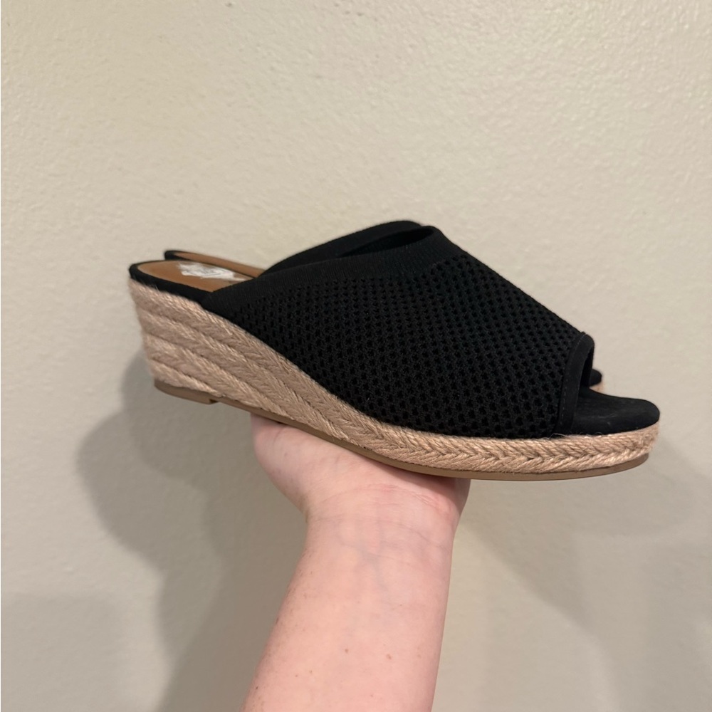 me too Black Knit Open-Toe Wedge Mule with Espadrille Sole 7